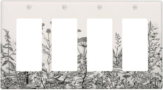 Vintage Grey Floral Herbs Wild Flowers Botanical 4 Gang Rocker Decora Boho Light Switch Cover Decorative Country Unique Outlet Covers Wall Plate Electrical Faceplate Switchplate GFCI