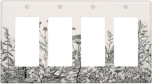 Vintage Grey Floral Herbs Wild Flowers Botanical 4 Gang Rocker Decora Boho Light Switch Cover Decorative Country Unique Outlet Covers Wall Plate Electrical Faceplate Switchplate GFCI