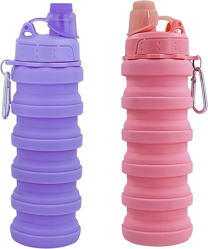 Collapsible Water Bottles Two Pack Travel Sports Portable Sport Water Bottle comes with mountaineering Buckle 500ml silicone Water-proof camping water bottle (Pink and purple Color)