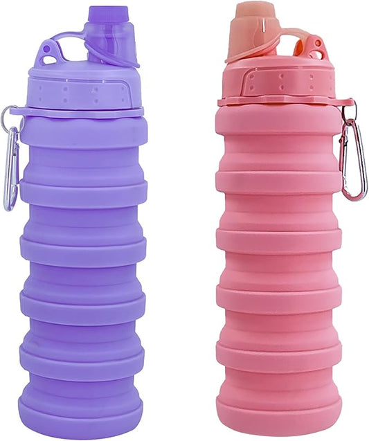 Collapsible Water Bottles Two Pack Travel Sports Portable Sport Water Bottle comes with mountaineering Buckle 500ml silicone Water-proof camping water bottle (Pink and purple Color)