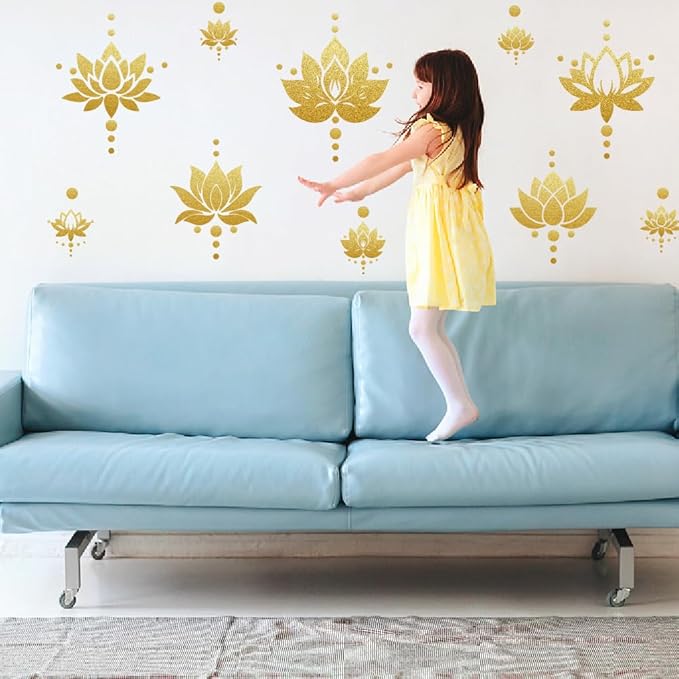 SUPERDANT Lotus Wall Stickers 57PCS Polka Dots Wall Decals Golden Lotus Window Clings Self Adhesive Wall Art Decals Flora Wall Stickers Murals Living Kids Room Decor Art DIY Gift