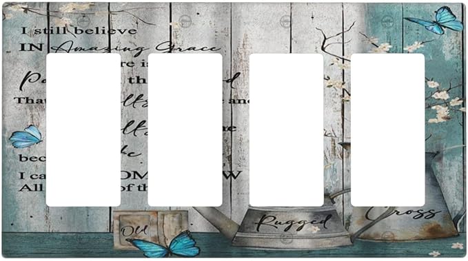 Vintage Teal Butterfly Inspirational Quotes Wood Plank 4 Gang Rocker Decora Light Switch Cover Outlet Covers Wall Plate Decorative Switchplate Electrical Faceplate GFCI for Farmhouse Bedroom Decor