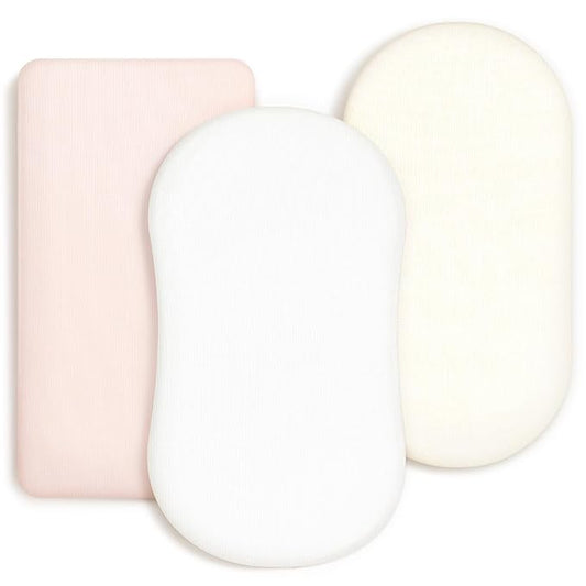 GRSSDER Stretchy Ultra Soft Fitted Bassinet Sheet 3 Pack, Universal Fit for Bassinets Baby Cradle Moses Basket Oval Rectangle Mattress Safe and Snug, Jersey Bassinet Sheets for Girls, Cream/Pink/White