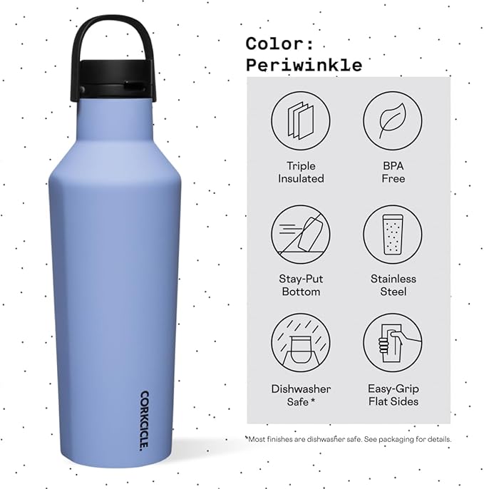 Corkcicle Sport Canteen Insulated Tumbler, Periwinkle, 32 oz – Reusable Water Bottle Keeps Beverages Cold for 25 Hours & Hot 12 Hours – Cupholder Friendly Tumbler with Screw-On Cap