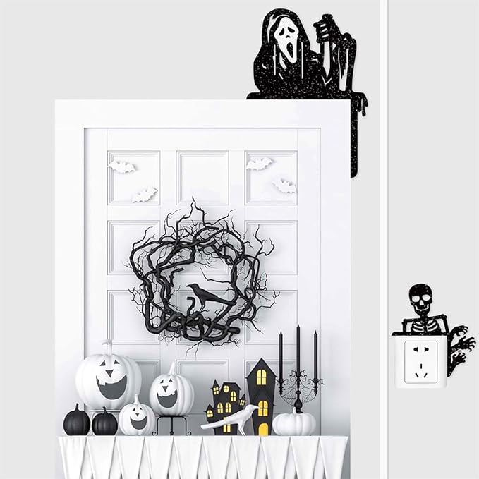 Removable 8 Pack Creative Halloween Switch Decals Black Ghost Skeleton Witch Door Frame Wall Decals Decorative Art Murals for Halloween Living Room Bedroom Bathroom Kitchen Light Switch Decor Decals