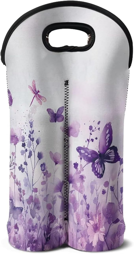 doginthehole Wine Carrier Tote 2 Bottle Wine Bag Aesthetic Watercolor Purple Floral Butterfly Print Neoprene Wine Bottle Holder Water Bottle/Beer/Drinks/Champagne Bottle Protective Bags