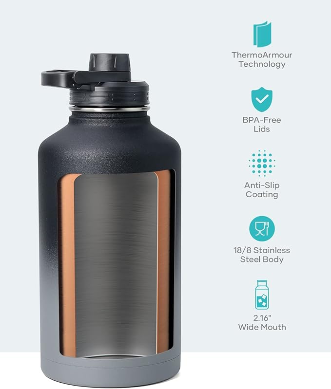BUZIO Water Bottle with Straw lid, Spout Lid, Hand Lid and Carrying Pouch, 32oz 40oz 64oz Stainless Steel Water Flask Jug, Cold for 48 Hrs Hot for 24 Hrs Double Vacuum Thermo Canteen Mug, BPA-Free