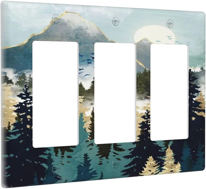Boho Mountain Forest Abstract Sunset Sunrise Sun 3 Gang Rocker Light Switch Covers Triple Outlet Wall Plate Decorative Switchplate Cover Faceplate GFCI for Country Bathroom Bedroom Decor