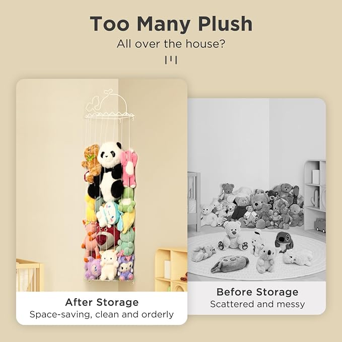 Stuffed Animal Storage,Stuffed Animal Holder with Adjustable Length,Corner Shelf for Kids Room Decor,Soft Toy Storage Organizer for Living Room,Bedroom,Nursery,Playroom,Kids Room(Ivory White)