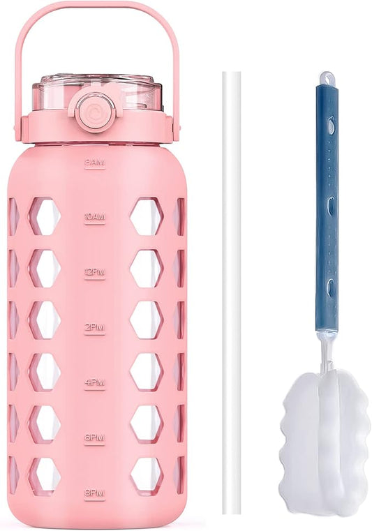 MUKOKO Half Gallon/64 oz Glass Water Bottles with Straw and Lid,Motivational Water Jug with Time Marker Reminder and Silicone Sleeve,100% Leakproof BPA Free Fitness Sports Large Bottle-Pink