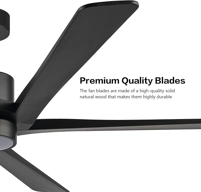 WINGBO 72 Inch DC Ceiling Fan with Lights and 3 Downrods, 5 Reversible Carved Wood Blades, 6-Speed Noiseless DC Motor, Modern Ceiling Fan in Matte Black Finish, ETL Listed