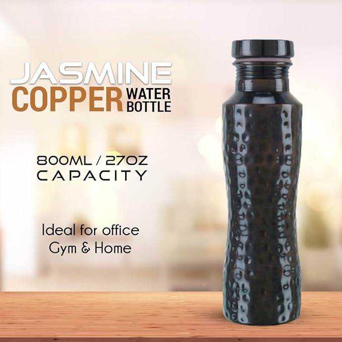 Pure Copper Jasmine Antique Hammered Water Bottle: A Premium Design Bottle with Ayurvedic Health Benefits, Leak Proof and Durable Copper Water Bottle for drinking (800ml / 27oz)