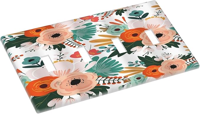 Rustic Floral Boho Colorful Flower Quad Toggle Light Switch Covers 4 Gang Wall Plate Decorative Switchplate Electrical Faceplate for Farmhouse Bathroom Bedroom Kitchen Decor