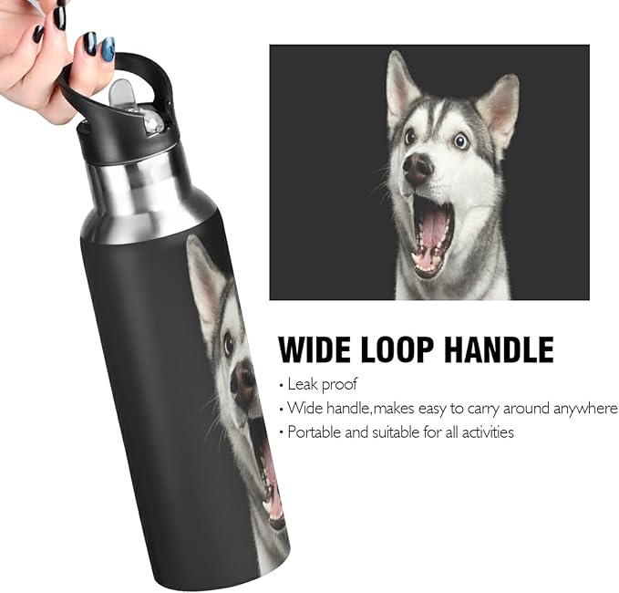 Blueangle 20oz Siberian Husky Dog Water Bottle, BPA Free Stainless Steel Water Bottle Leak-Proof Sports Bottle for Camping Workouts Gym and Outdoor Activity