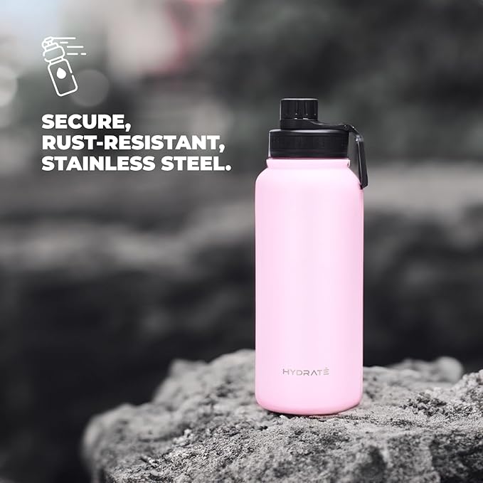 HYDRATE Insulated Stainless Steel Water Bottle - Large Reusable Flask with Leak-Proof Design and Convenient Handle - Double Vacuum Insulation for School, Work, or Adventure