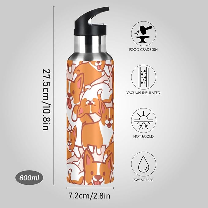 Cute Puppy Corgi Sports Water Bottle, Double Wall Vacuum Insulated Stainless Steel Water Bottle with Straw Keeps Hot and Cold, Bike Running Sports Travel Gym 20oz