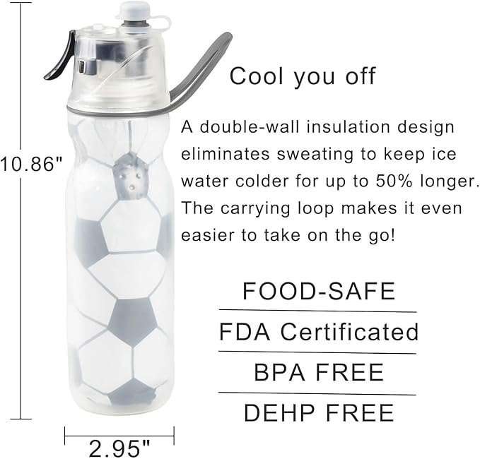 Soccer Water Bottles Gifts for Boys Girls Misting Sports Water Bottle for Kids School 20 oz Insulated Leak Proof Mist and Sip Waterbottle