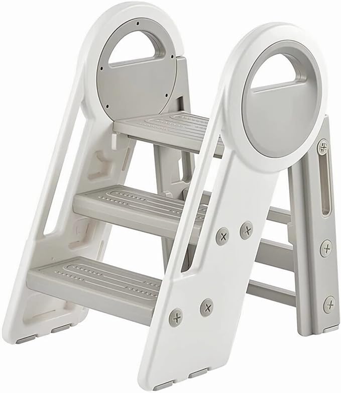 Nisorpa Foldable 3 Step Stool, Adjustable Step Stool, Toddler Helper Stool with Handles, Non-Slip Toilet Potty Training Stool, Plastic Ladder for Bathroom Sink Kitchen (3 & 2 Step Adjustment)