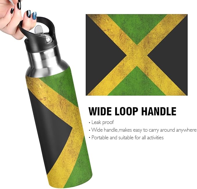 Jamaica Flag Jamaican Sports Water Bottle, Double Wall Vacuum Insulated Stainless Steel Water Bottle with Straw Keeps Hot and Cold, Bike Running Sports Travel Gym 20oz, one size