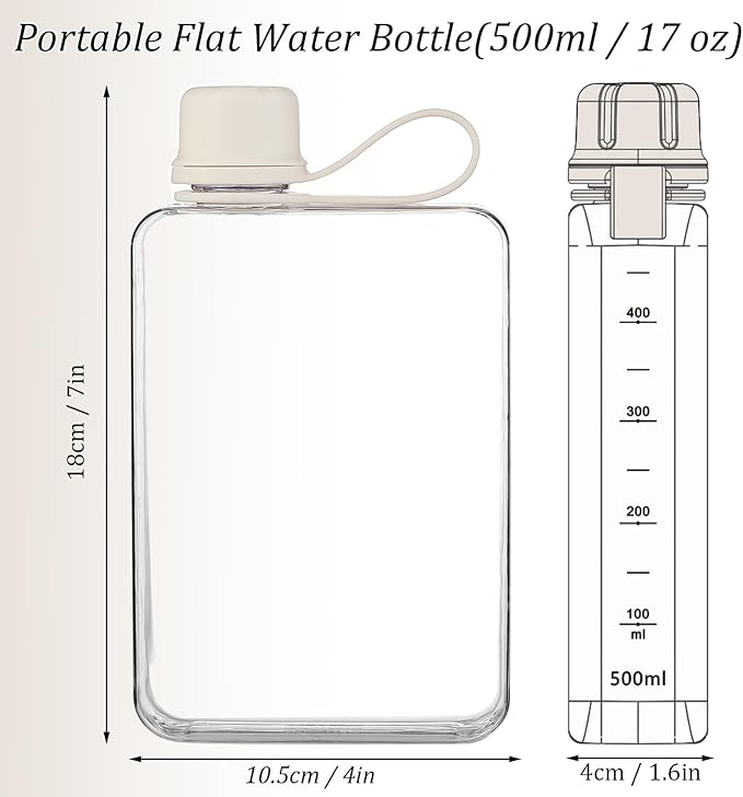 Tritan Transparent Flat Water Bottle samll Water Bottle Slim Square Pocket Bottle Water Flask, BPA Free/Slim Design/Leak Proof Water Bottle for Travel, Outdoor, Sports, Camping (White, 500ML)