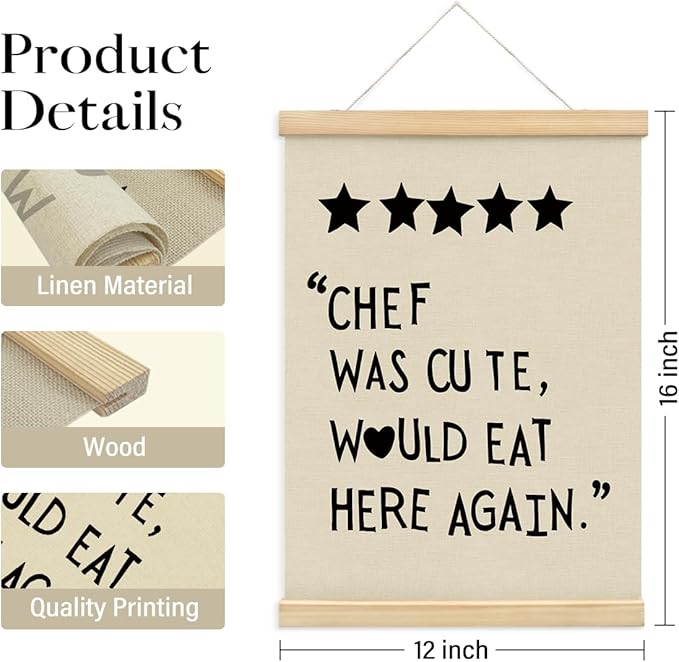 BIWSHA Cute Kitchen Canvas Poster Framed Hanger 12x16 Inch,Funny Five Star Rating Poster，Black Kitchen Quotes Decor Chef Was Cute Print, Chef Signs Decoration Trendy Cooking Art