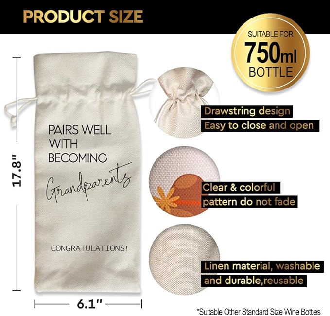 Pairs Well With Becoming Grandparent Linen Wine Gift Bag, Pregnancy Reveal Pregnancy Announcement Baby Shower Wine Bags for Wine Bottles, 1 Pack Reusable Burlap Wine Bag-2