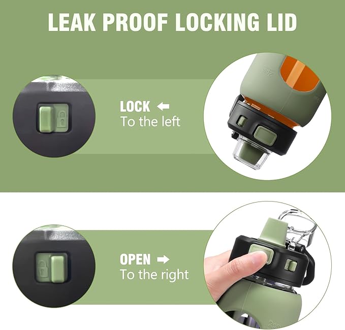 Kodrine Water Bottle with Soft Straw and Carry Loop, 32 oz Glass Water Bottle with Locking Lid, Clear Water Bottles Sports, Drinking Bottle for Travel Home Gym, Leakproof(Olive)