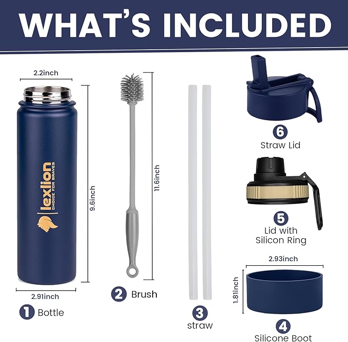 Water Bottle 22oz, Triple Walled Insulated Stainless Steel Reusable Bottle, Silicone Sleeve, Cleaning Brush, 2 Lids (Spout lid & Straw lid w/2 straw), Metal Mug Gallon, BPA Free, Twilight Blue