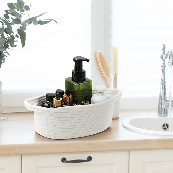 Small Woven Basket with Handles, 5 Pack Cotton Rope Room Shelf Storage Basket for Organizing Small Round Basket Baby Nursery Bins, White (Off White)