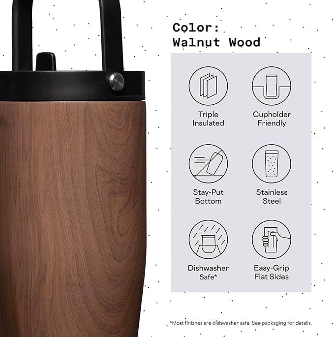 Corkcicle Go Cup XL Insulated Tumbler with Lid and Straw, Walnut Wood, 30 oz – Reusable Water Bottle Keeps Beverages Cold for 12hrs – Cupholder Friendly Tumbler, Leak-Proof Design