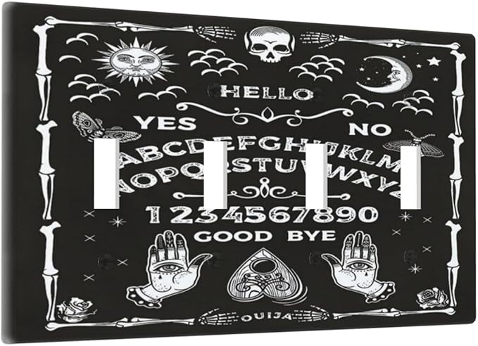 Black Witchy Skeleton Skull Gothic Sun Moon Quad Toggle Novelty Light Switch Covers Decorative Unique 4 Gang Wall Plate Electrical Faceplate Switchplate for Bedroom Bathroom Decor