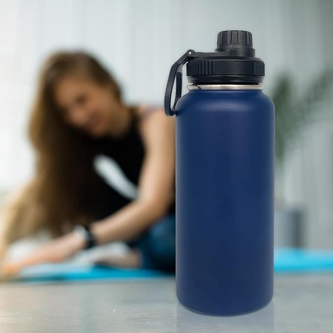 4pack 32 oz Insulated Water Bottle With Straw, Stainless Steel Sports Water Cup Flask with 2 Lids, Wide Mouth Travel Thermal Mug,Navy