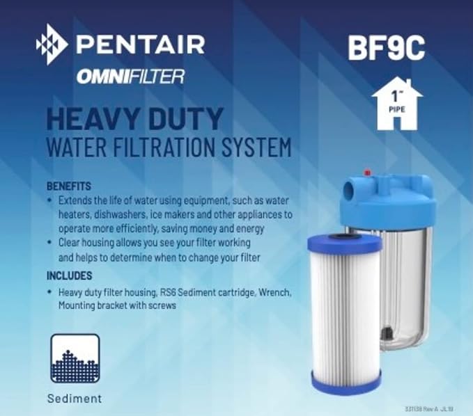 Pentair OMNIFilter BF9C Water Filter System, 10" Whole House Heavy Duty Filtration System, 1" NPT, Includes 10" Clear Heavy Duty Housing, RS6 Sediment Reduction Cartridge and All Tools