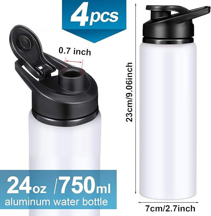 CHENGU 4 Pcs Aluminum Water Bottle 24oz Aluminum Reusable Bottles Lightweight Snap Lid Sports Water Bottle Multipack Easy Carry Leak Proof Travel Bottle for Gym Camping Hiking Outdoor Fishing (White)