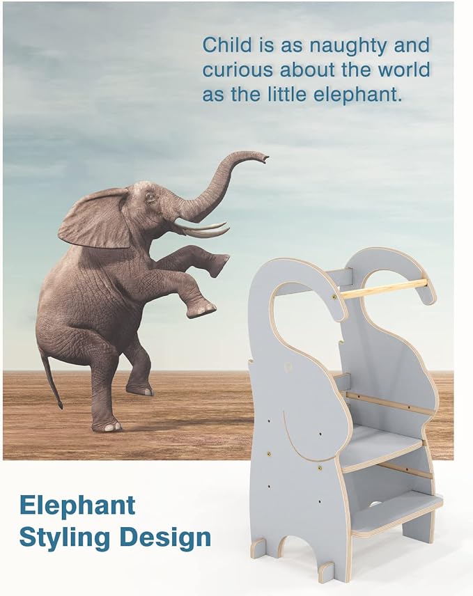 PP OPOUNT Toddler Kitchen Stool, 3-Level Adjustable Toddler Tower, Wood Step Stools for Kids with Safety Protective Net and Non-Slip Mat, Elephant Style, Solid Wood Gray