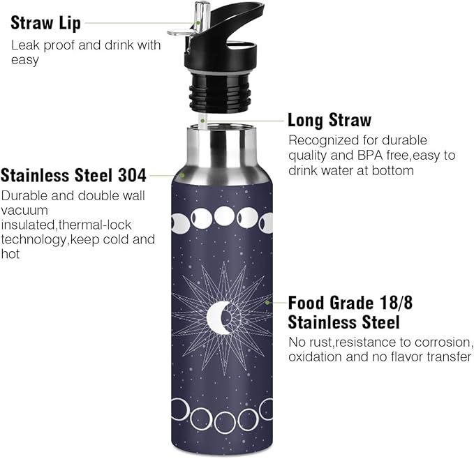 Moon Phases Circle Water Bottle with Straw Lid for Fitness Gym Camping Outdoor Sports, Wide Mouth Vacuum Insulated 18/8 Stainless Steel, 22 oz