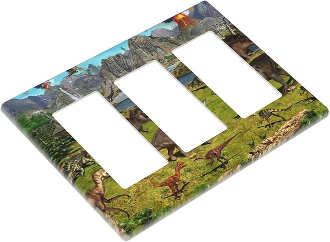 Cute Dinosaur Triple Rocker Light Switch Wall Plate Cover Decorative 3-Gang for Outlet Boys Kids Room Bathroom Bedroom Home Kitchen Three Decora Receptacle Polycarbonate Power Gear 4.5" x 6.38"