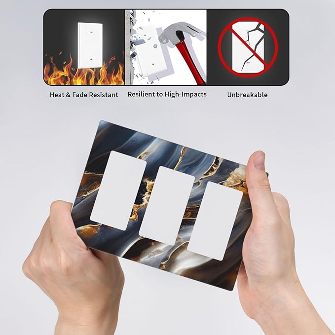 Gradient Abstract Ripple Blue Gold Marble Printed 3 Gang Rocker Light Switch Covers Triple Outlet Wall Plate Decorative Switchplate Cover Faceplate GFCI for Kitchen Bathroom Bedroom Decor