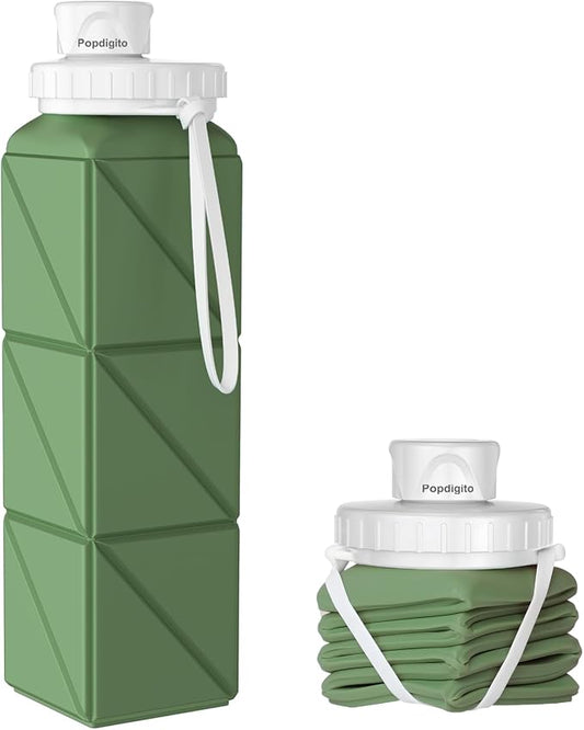 Collapsible Water Bottles 20.7oz Leakproof with Straw Lid Food-Grade BPA-Free Silicone Travel Foldable Water Bottles for Sports Office Gym Hiking Driving 610ML (Type1 Army Green)