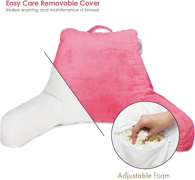 Nestl Reading Pillow Standard Bed Pillow, Back Pillow for Sitting in Bed Shredded Memory Foam Chair Pillow, Reading & Bed Rest Pillows Light Pink Back Pillow for Bed, Bed Chair Arm Pillow with Pockets