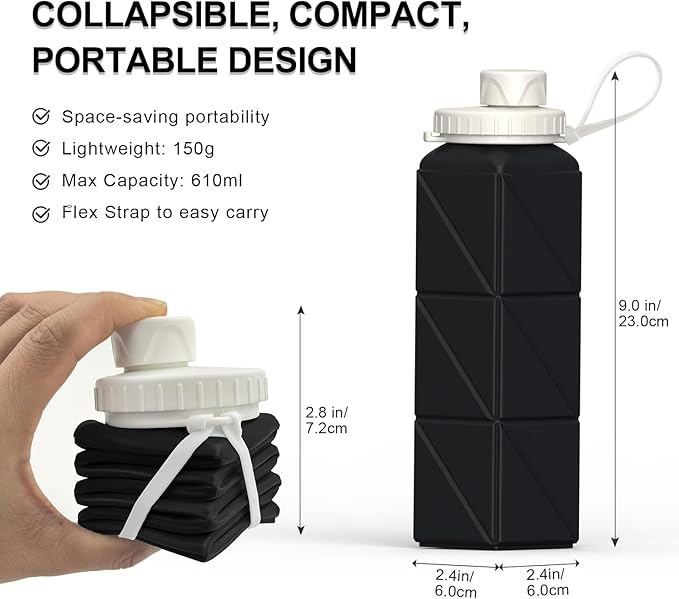 Collapsible Water Bottles, Silicone Foldable Portable Water Bottle 610ml, Lightweight Reusable Leakproof for Travel Camping Hiking Cycling Yoga Sports Outdoor