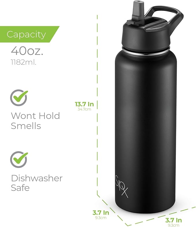 SipX™ Triple-Insulated Stainless Steel Water Bottle 40oz. With 3 Lids, BPA-Free Reusable Insulated Water Bottle Keeps Cold 24 Hours, Metal Water Bottle Made Of Sustainable Material For Hiking & Biking