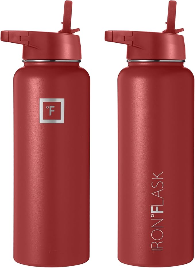 IRON °FLASK Sports Water Bottle - 40 Oz 3 Lids (Straw Lid), Leak Proof - Stainless Steel Gym & Sport Bottles for Men, Women & Kids - Double Walled, Insulated Thermos, Metal Canteen, Rusty Red