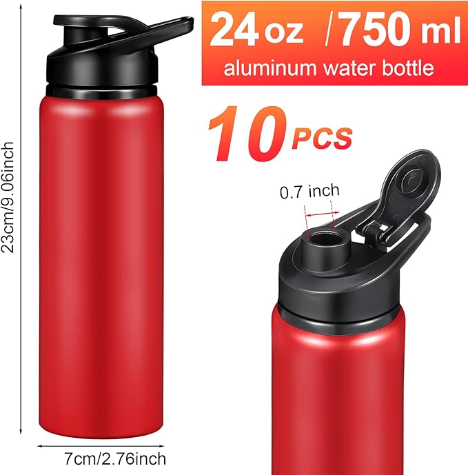 CHENGU 10 Pcs Aluminum Water Bottle 24oz Aluminum Reusable Bottles Lightweight Snap Lid Sports Water Bottle Multipack Easy Carry Leak Proof Travel Bottle for Gym Camping Hiking Outdoor Fishing (Red)