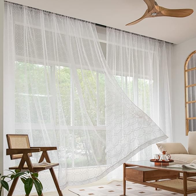 Windows Embroider-Heptagon Sheer White Curtains 63 Inches Length 2 Panels Voile Light Filtering Sheer Curtains Panel Basic Rod Pocket Sheer for Bedroom Living Room Children Room