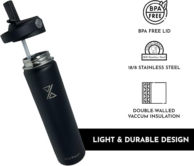 Yaa Fresh 24Oz BPA-Free 24 Hr Cold/12 Hr Hot Insulated Stainless Steel Sports Water Bottle with Straw and Lid, Food-grade Double Walled, Leakproof, Insulated Thermos, Wide Mouth for Men, Women & Kids