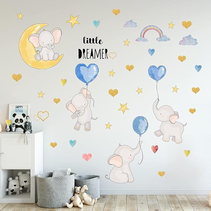 Cartoon Elephant Wall Stickers Moon Stars Balloons Rainbow Wall Decals Cute Animal Wall Decor for Kids Room Bedroom Living Room Wall Background Decor