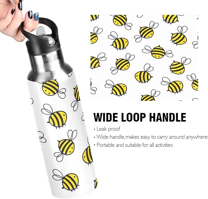 Blueangle Flying Bumble Bees Stainless Steel Water Bottle with Straw, BPA Free Reusable Leakproof Water Jug for Fitness Camping Outdoor Sports