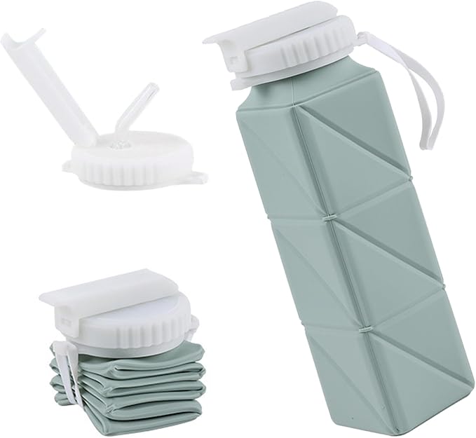 EOBTAIN Green Silicone Collapsible Water Bottle for Travel Leakproof Lightweight Foldable Water Bottles with Straw,20oz BPA Free Water Bottle for Sports Gym Hiking,Flexible and Durable.