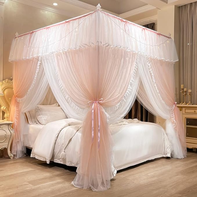 Mengersi Canopy Bed Curtains with Lights,4 Corner Bed Canopy Royal Luxurious Bed Drapes Netting,Princess Bed Curtains for Girls Adults Bedroom Decoration (Peach, Full)